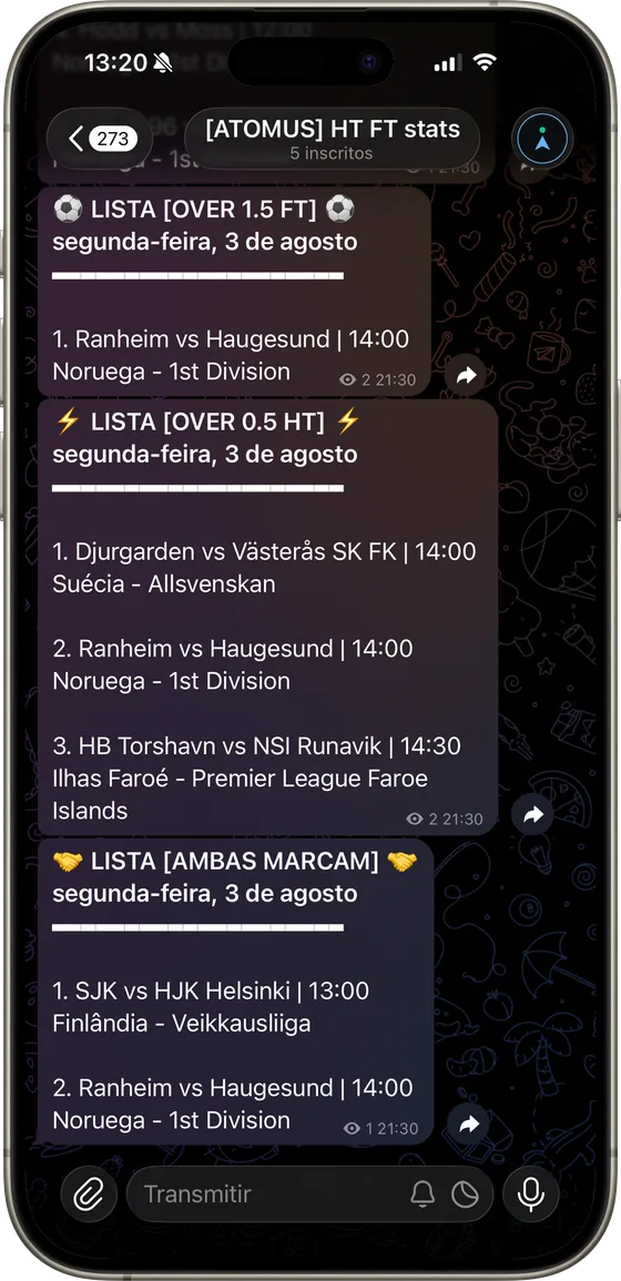 Canal mural do Atomus no Telegram com as três listas de segunda-feira, 3 de agosto: Over 1.5 FT com 1 jogo, Over 0.5 HT com 3 e Ambas Marcam com 2.