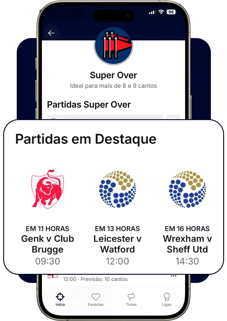 Sniper Cantos no iPhone: o cartão Partidas em Destaque, com três jogos do dia e a previsão de cantos de cada um